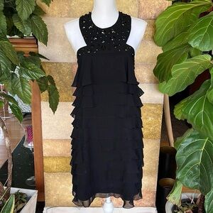 Marciano Women’s Gem Embellished Halter Sleeveless Mini Black Ruffled Silk Dress